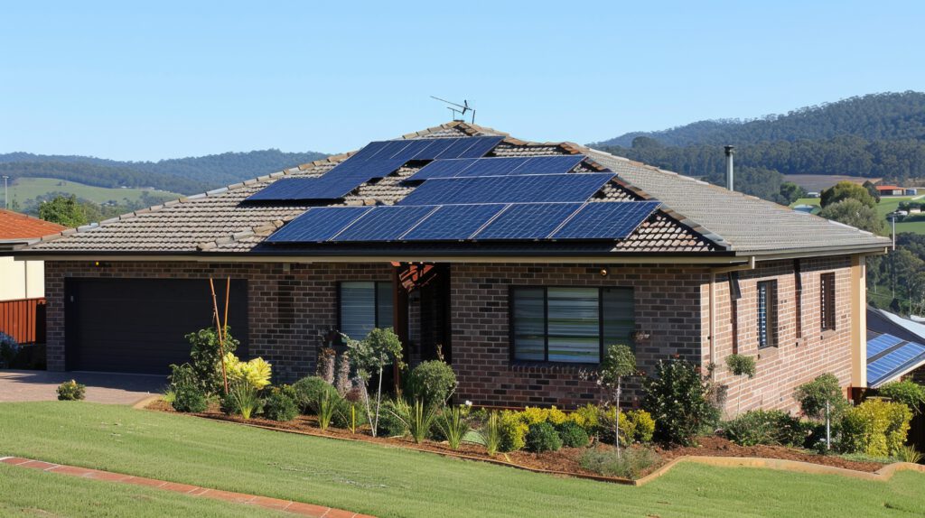 Modern Brick House with Solar Panels on Roof Amidst Rolling Hills and Greenery